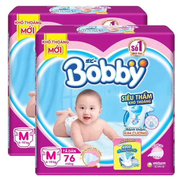 Combo 2 gói Bỉm tã dán Bobby siêu thấm size M 76 miếng (6-10kg) (giao bao bì ngẫu nhiên)