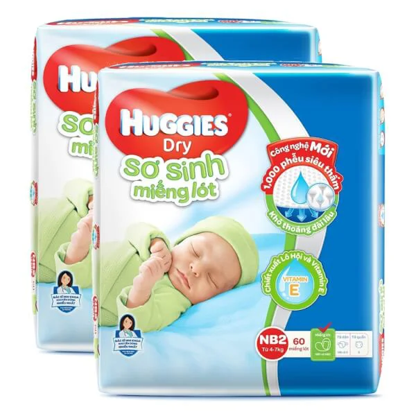Combo 2 gói Miếng lót Huggies size Newborn 2 60 miếng (4-7kg)