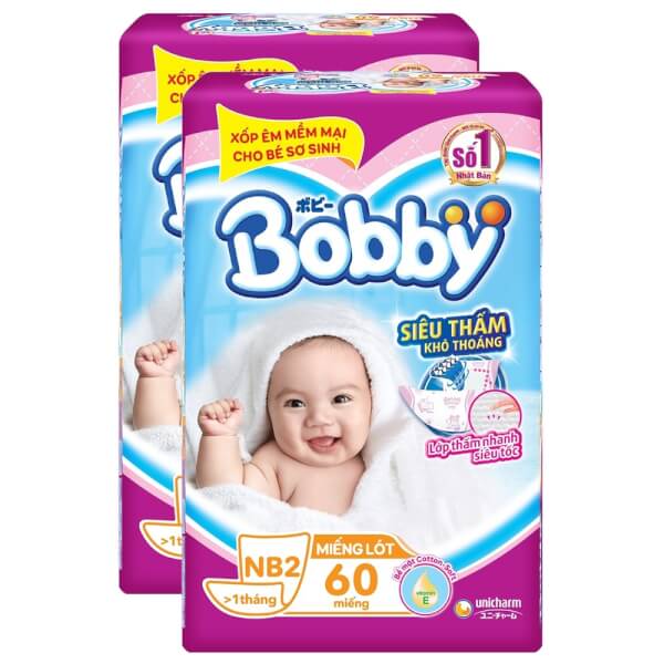 Combo 2 gói Miếng lót Bobby size Newborn 2 60 miếng (4-7kg)