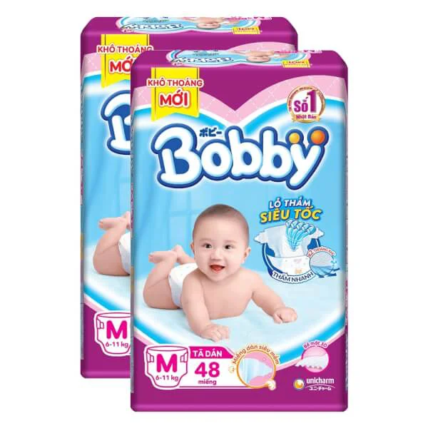Combo 2 gói Bỉm tã dán Bobby siêu thấm size M 48 miếng (6-11kg)