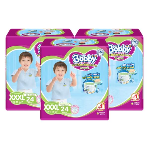 Combo 3 gói Bỉm tã quần Bobby size XXXL 24 miếng (20-35kg)