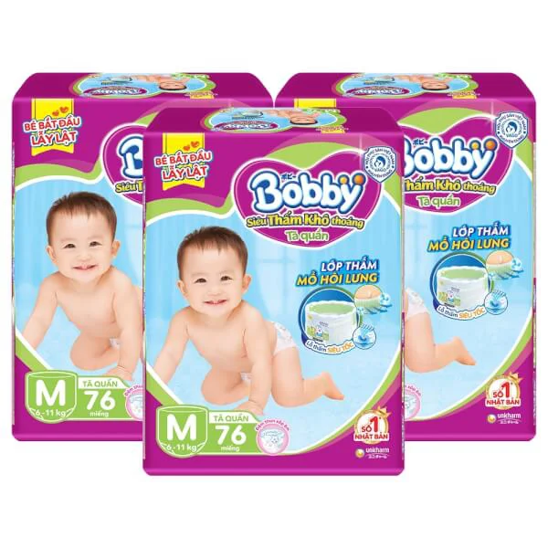 Combo 3 gói Bỉm tã quần Bobby size M 76 miếng (6-10kg)