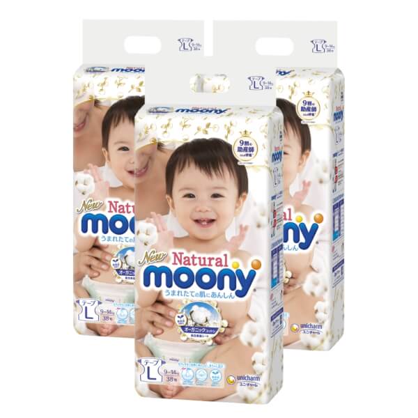 Combo 3 gói Bỉm tã dán Moony Natural size L 38 miếng (9-14kg)