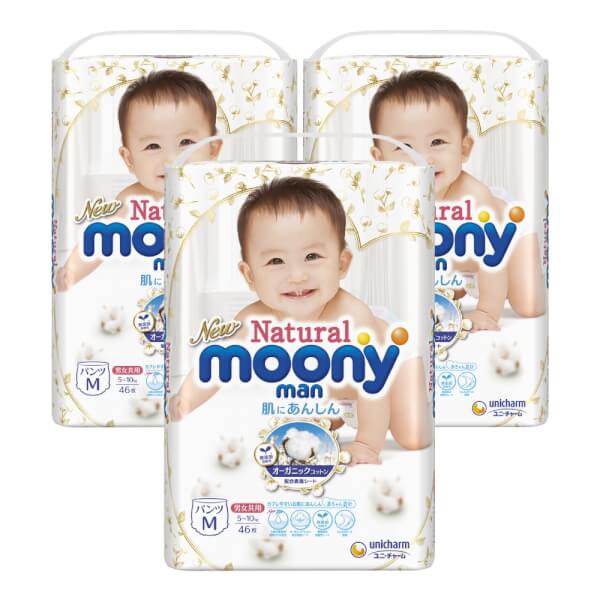 Combo 3 gói Bỉm tã quần Moony Natural size M 46 miếng (5-10kg)