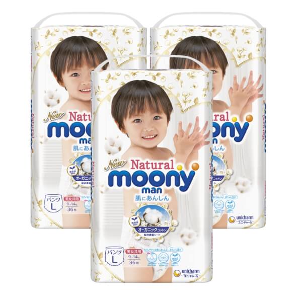 Combo 3 gói Bỉm tã quần Moony Natural size L 36 miếng (9-14kg)