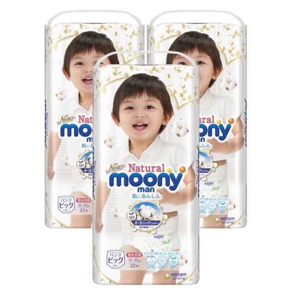 Combo 3 gói Bỉm tã quần Moony Natural size XL 32 miếng (12-22kg)