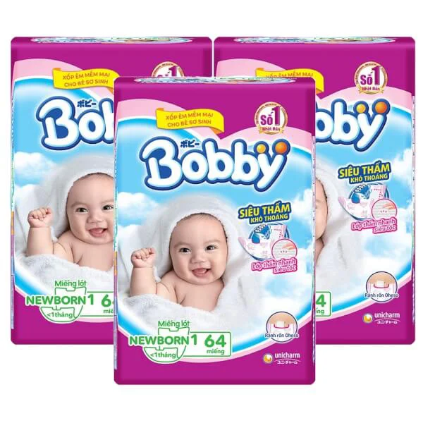 Combo 3 gói Miếng lót Bobby size Newborn 1 64 miếng (dưới 5kg) (giao bao bì ngẫu nhiên)