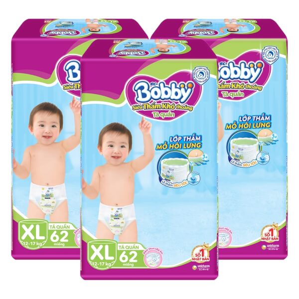 Combo 3 gói Bỉm tã quần Bobby size XL 62 miếng (12-17kg)