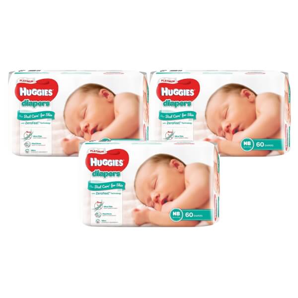 Combo 3 gói Bỉm tã dán Huggies Platinum size Newborn 60 miếng (dưới 5kg)