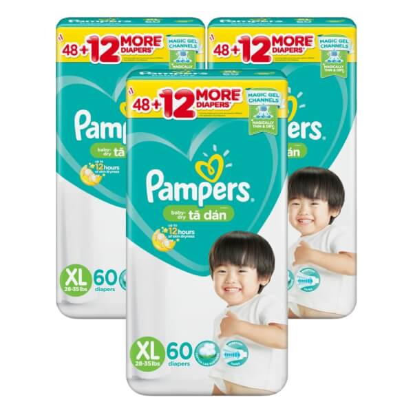 Combo 3 gói Tã dán Pampers nhập khẩu XL 60 miếng