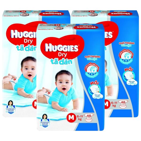 Combo 3 gói Bỉm tã dán Huggies Dry size M 48 miếng (6-11kg)