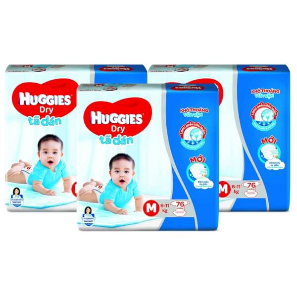 Combo 3 gói Bỉm tã dán Huggies Dry size M 76 miếng (6-11kg)