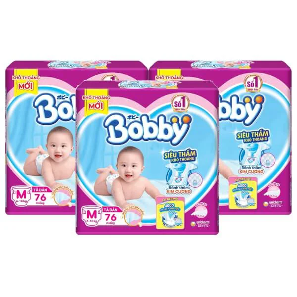 Combo 3 gói Bỉm tã dán Bobby siêu thấm size M 76 miếng (6-10kg) (giao bao bì ngẫu nhiên)