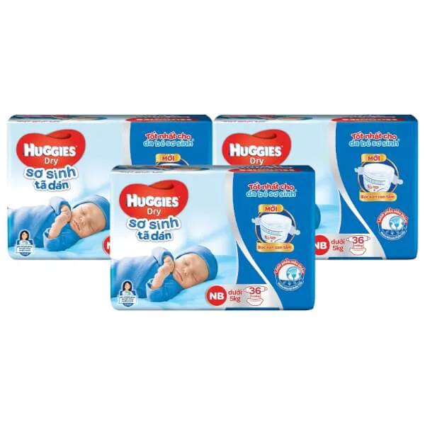 Combo 3 gói Bỉm tã dán sơ sinh Huggies Diaper Nappy size Newborn 36 miếng (dưới 5kg)