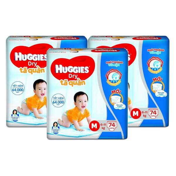 Combo 3 gói Bỉm tã quần Huggies Dry size M 74 miếng (6-11kg) (Sản phẩm sẽ được giao với bao bì ngẫu nhiên)