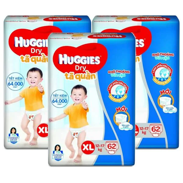 Combo 3 gói Bỉm tã quần Huggies Dry size XL 62 miếng (12-17kg) (Sản phẩm sẽ được giao với bao bì ngẫu nhiên)
