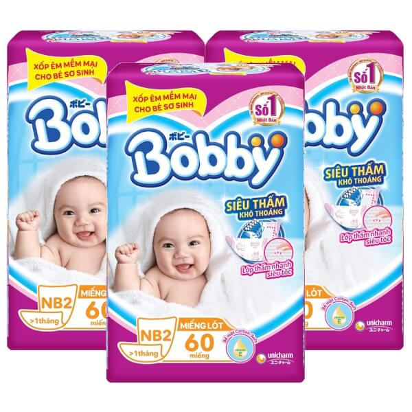 Combo 3 gói Miếng lót Bobby size Newborn 2 60 miếng (4-7kg)