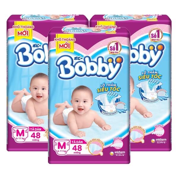 Combo 3 gói Bỉm tã dán Bobby siêu thấm size M 48 miếng (6-11kg)