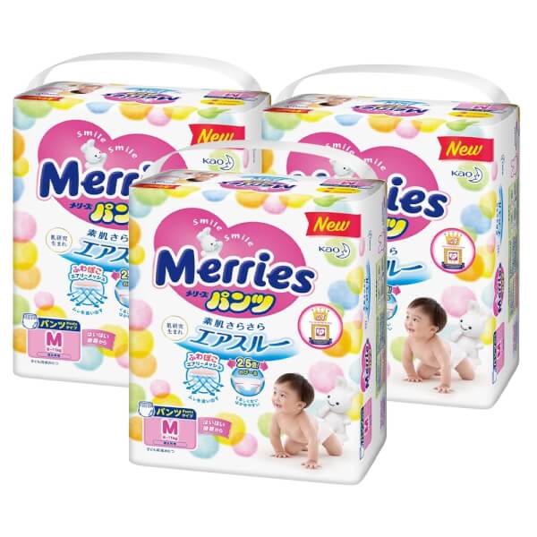 Combo 3 gói Bỉm tã quần Merries size M 58 miếng (6-11kg)