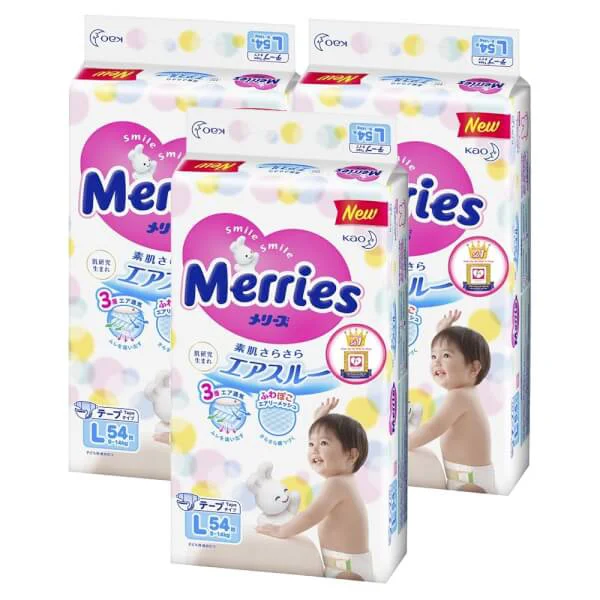 Combo 3 gói Bỉm tã dán Merries size L 54 miếng (9-14kg)