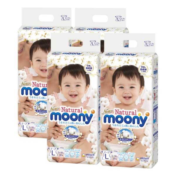 Combo 4 gói Bỉm tã dán Moony Natural size L 38 miếng (9-14kg)