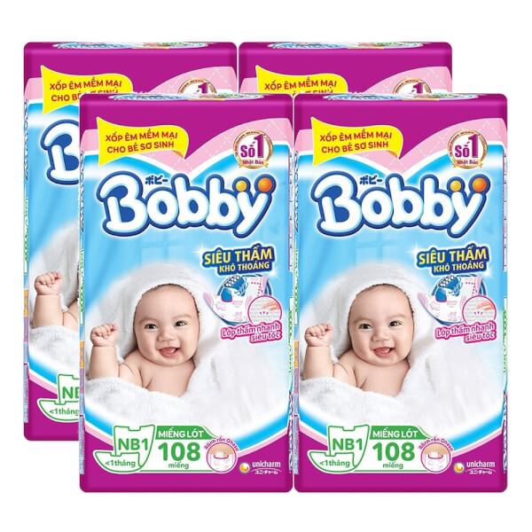 Combo 4 gói Miếng lót Bobby size Newborn 1 108 miếng (dưới 5kg)