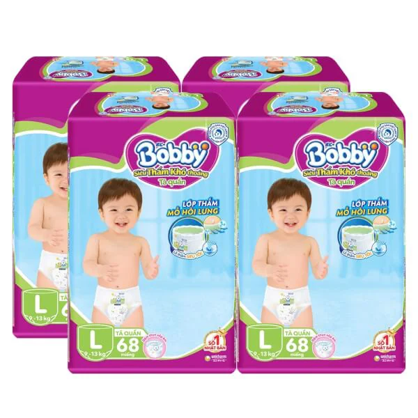 Combo 4 gói Bỉm tã quần Bobby size L 68 miếng (9-13kg)