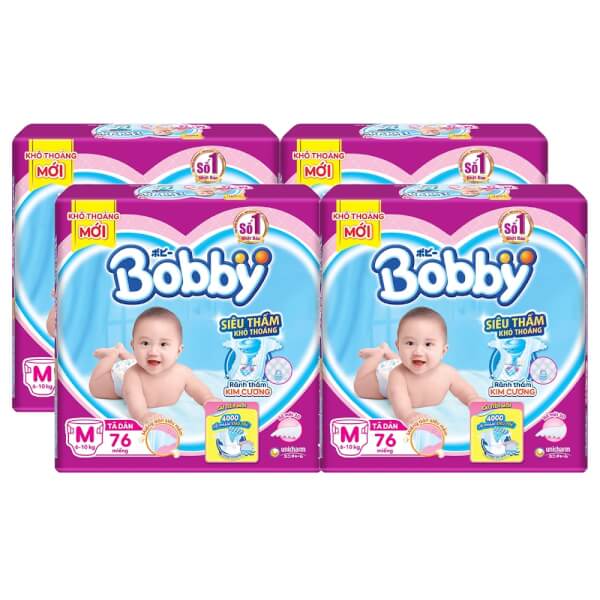 Combo 4 gói Bỉm tã dán Bobby siêu thấm size M 76 miếng (6-10kg)