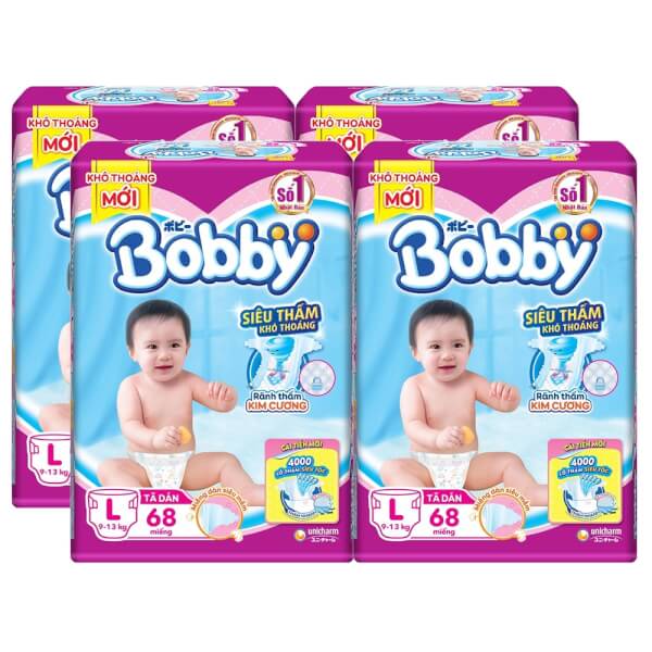Combo 4 gói Bỉm tã dán Bobby siêu thấm size L, 68 miếng (9-13kg)