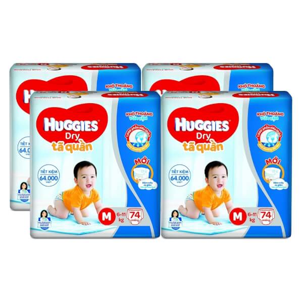 Combo 4 gói Bỉm tã quần Huggies Dry size M 74 miếng (6-11kg)