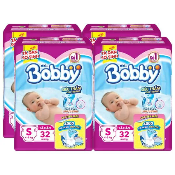 Combo 4 gói Bỉm tã dán Bobby siêu thấm size S 32 miếng (4-8kg)