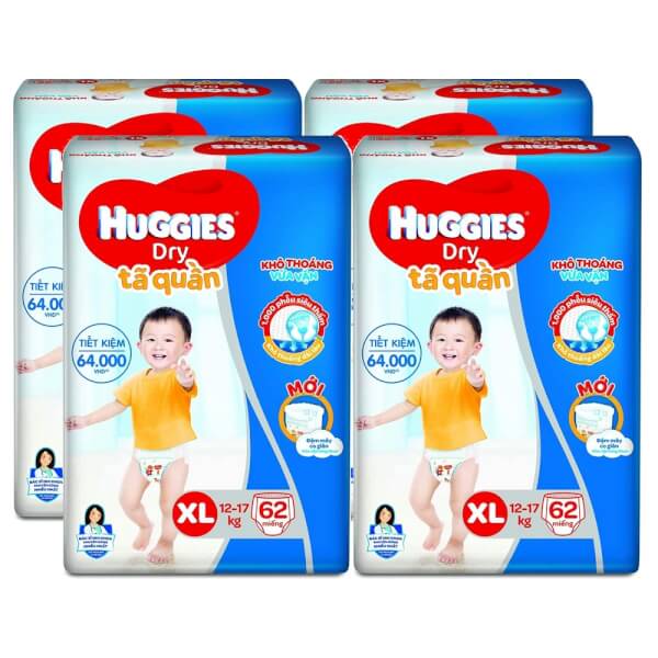 Combo 4 gói Bỉm tã quần Huggies Dry size XL 62 miếng (12-17kg)