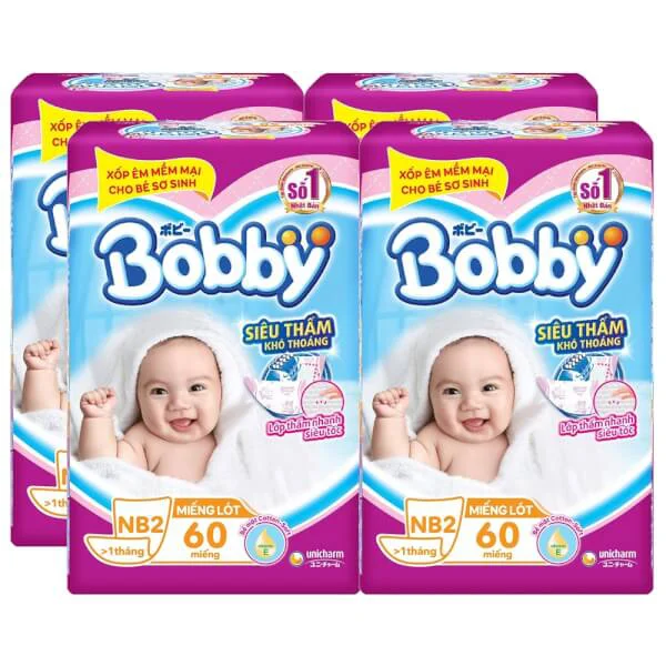 Combo 4 gói Miếng lót Bobby size Newborn 2 60 miếng (4-7kg) (giao bao bì ngẫu nhiên)