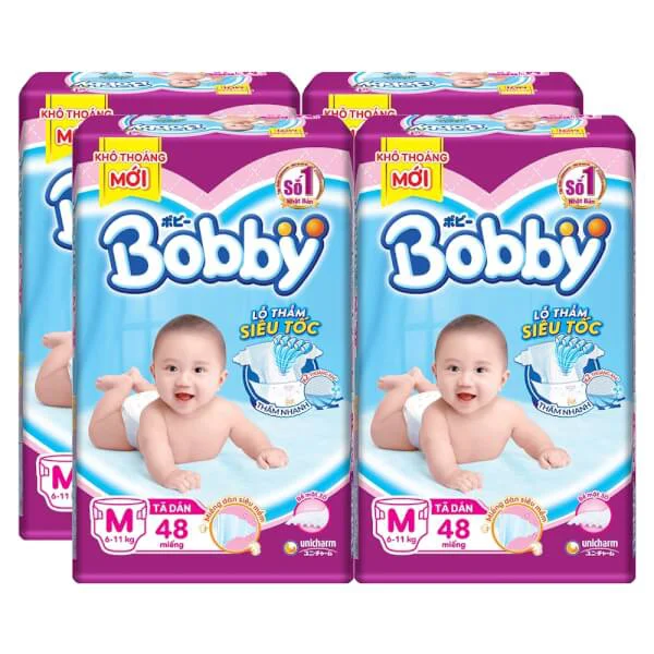 Combo 4 gói Bỉm tã dán Bobby siêu thấm size M 48 miếng (6-11kg)