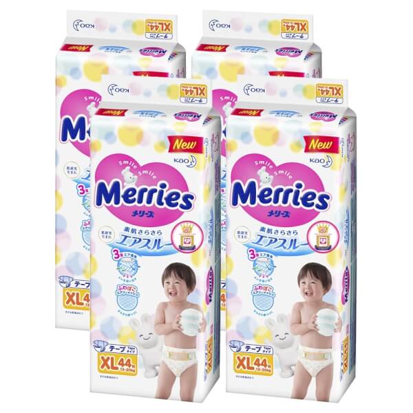 Combo 4 gói Bỉm tã dán Merries size XL 44 miếng (12-20kg)