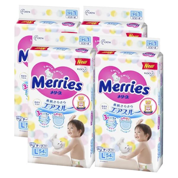 Combo 4 gói Bỉm tã dán Merries size L 54 miếng (9-14kg)