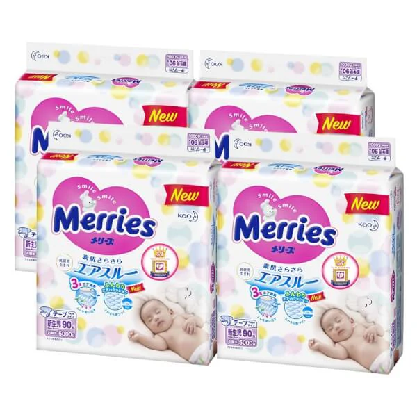 Combo 4 gói Bỉm tã dán Merries size Newborn 90 miếng (dưới 5kg)