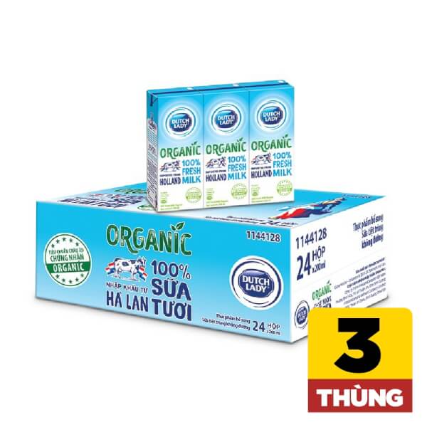 Combo 3 thùng Sữa tươi tiệt trùng Organic - Nhãn hiệu Ducth Lady - Dạng hộp giấy  200ml - Lốc 3 hộp - 8 lốc/thùng