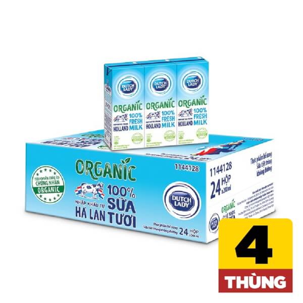 Combo 4 thùng Sữa tươi tiệt trùng Organic - Nhãn hiệu Ducth Lady - Dạng hộp giấy  200ml - Lốc 3 hộp - 8 lốc/thùng