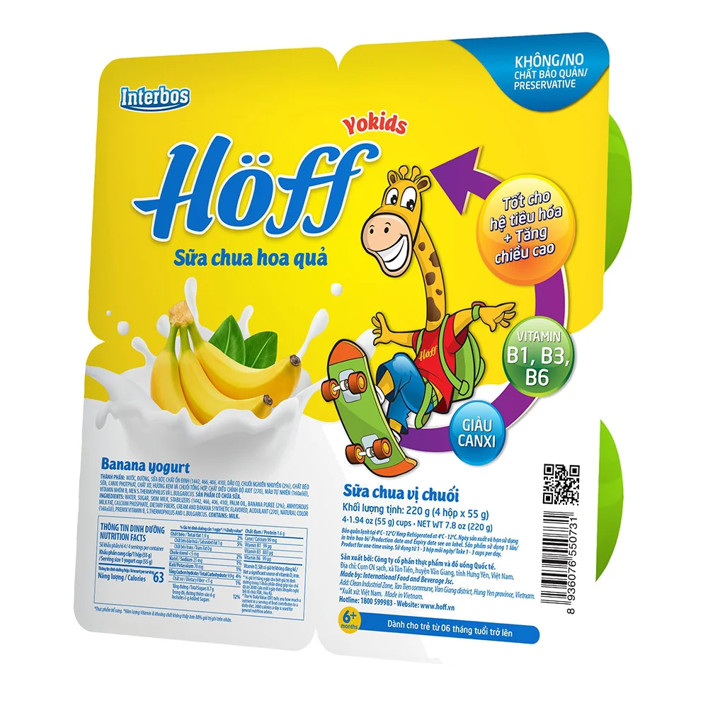 Combo 2 Sữa chua hoa quả Hoff  - Chuối (Lốc 4 hủ)