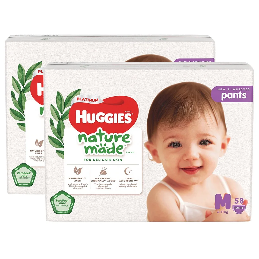 Combo 2 gói Bỉm tã quần Huggies Platinum Nature Made M size 58 miếng (6-11kg)