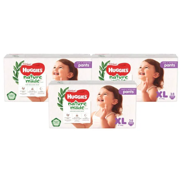 Combo 3 gói Bỉm tã quần Huggies Platinum Nature Made size XL 38 miếng (12-18kg)