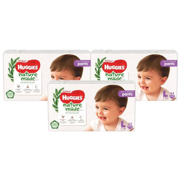 Combo 3 gói Bỉm tã quần Huggies Platinum Nature Made L size 44 miếng (9-14kg)
