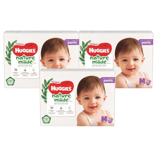 Combo 3 gói Bỉm tã quần Huggies Platinum Nature Made M size 58 miếng (6-11kg)