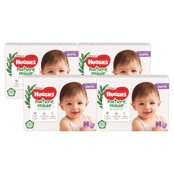 Combo 4 gói Bỉm tã quần Huggies Platinum Nature Made M size 58 miếng (6-11kg)