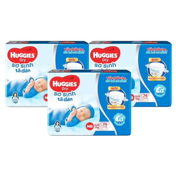 Combo 3 gói Bỉm tã dán sơ sinh Huggies size NB 74 miếng (dưới 5kg)