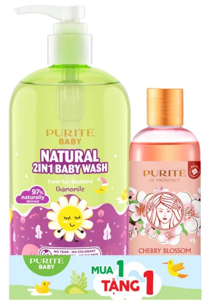 Combo Sữa Tắm Gội Thiên Nhiên Cúc La Mã Purite 500ml + Sữa Tắm Sáng Mịn Purite Hoa Anh Đào 250ml