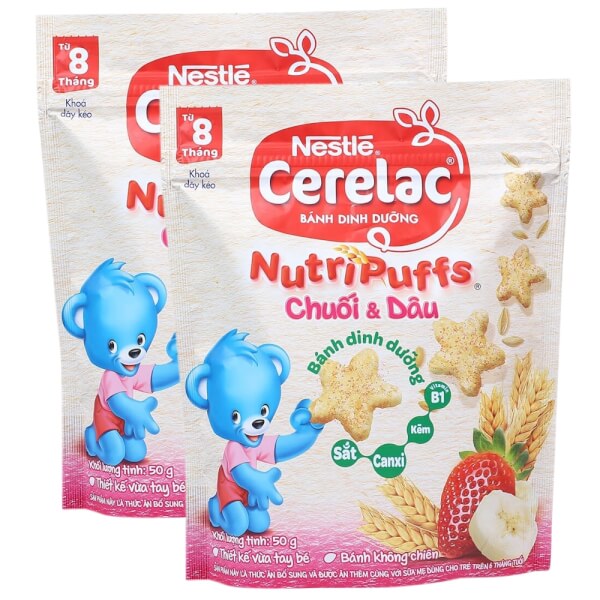 Combo 2 bánh dinh dưỡng Nestle Cerelac Nutripuffs Vị Chuối và Dâu 50g