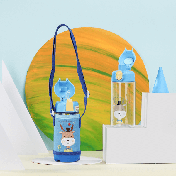 Bình tritan Diller có túi và dây đeo cho bé 480ml (gồm 2 nắp)- Xanh dương