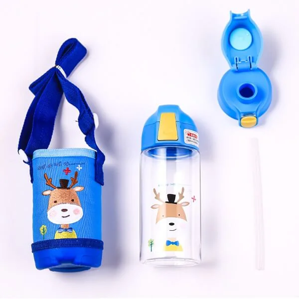 Bình tritan Diller có túi và dây đeo cho bé 480ml (gồm 2 nắp)- Xanh dương
